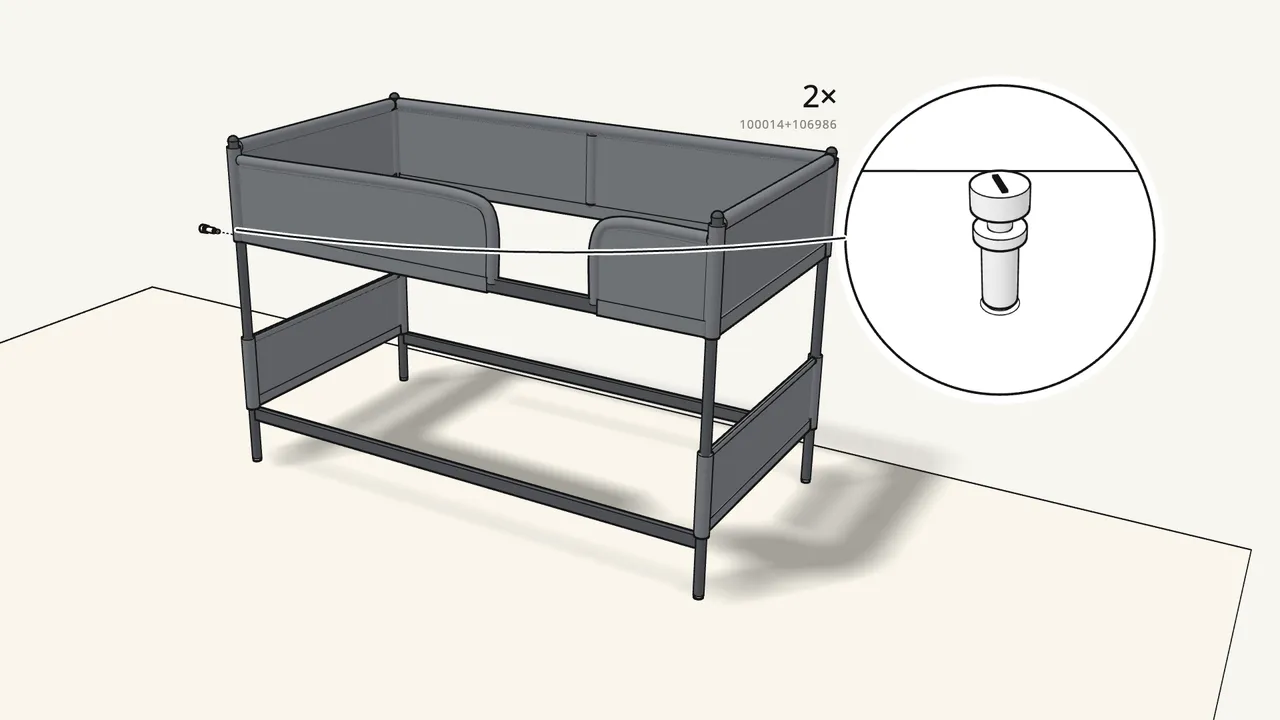 Step 14: Slide rail 3 into the hems of the front guards. — IKEA TUFFING assembly