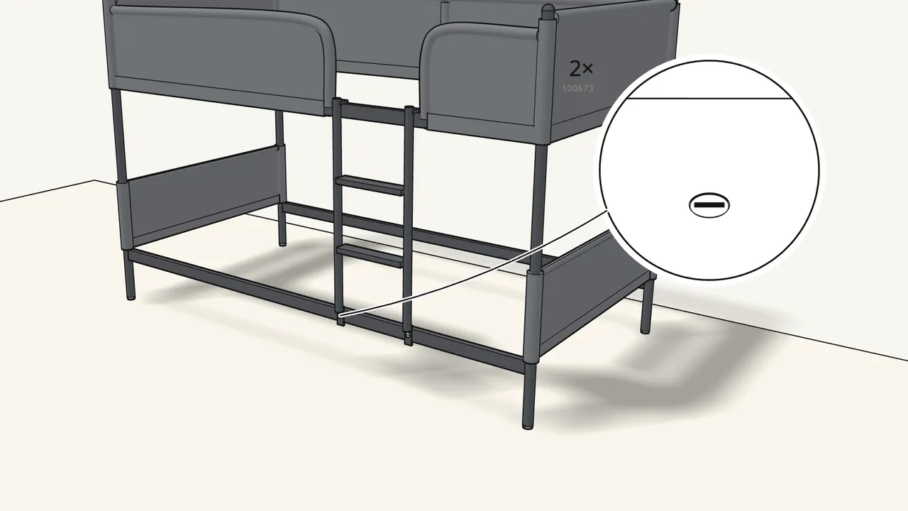 Step 16: Hook the ladder over rail 3 and fix its feet to rail 1. — IKEA TUFFING assembly