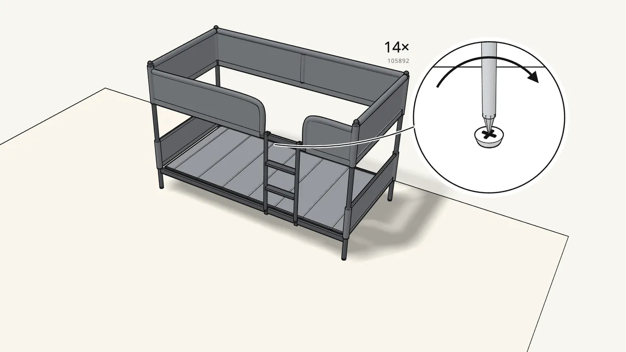 Step 19: Lower the base through the top into the lower bed and screw it to the rails. — IKEA TUFFING assembly