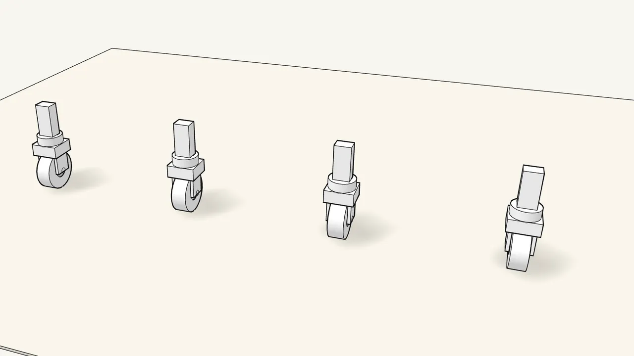 Step 1: Press each castor holder down onto its wheel. — IKEA VESKEN assembly
