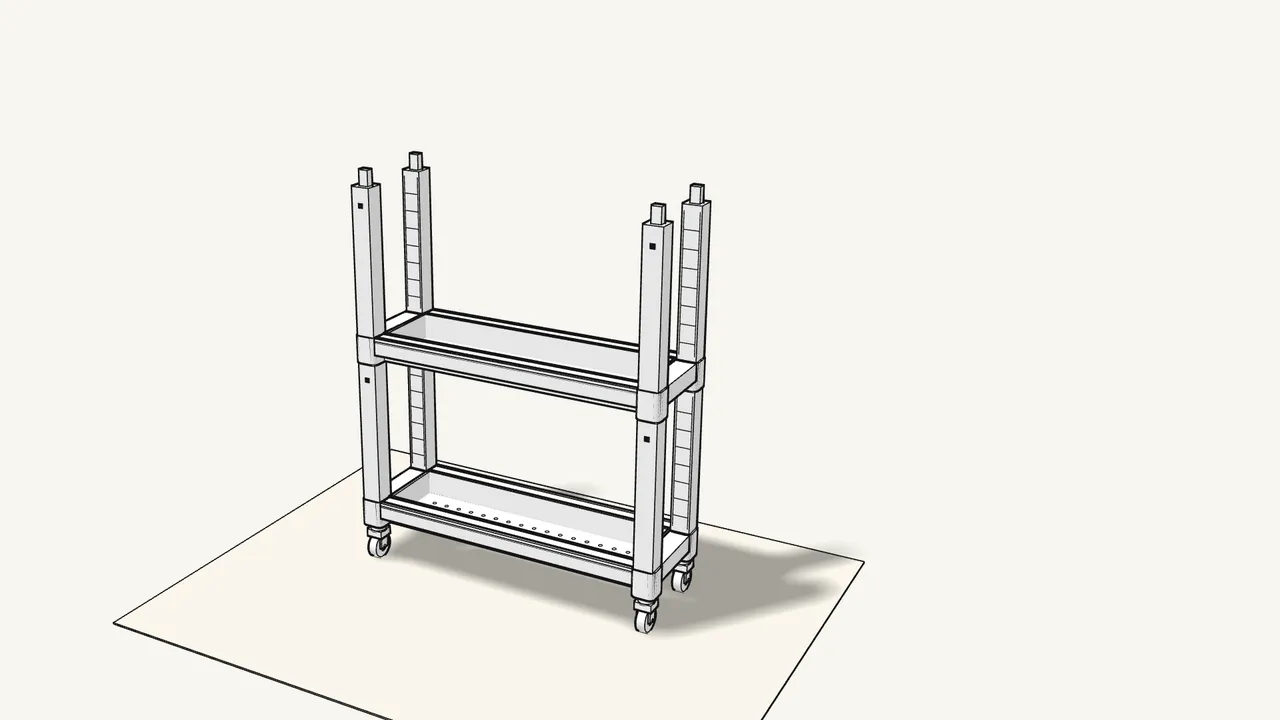 Step 6: Click 4 more posts into the corners of the middle tray. — IKEA VESKEN assembly