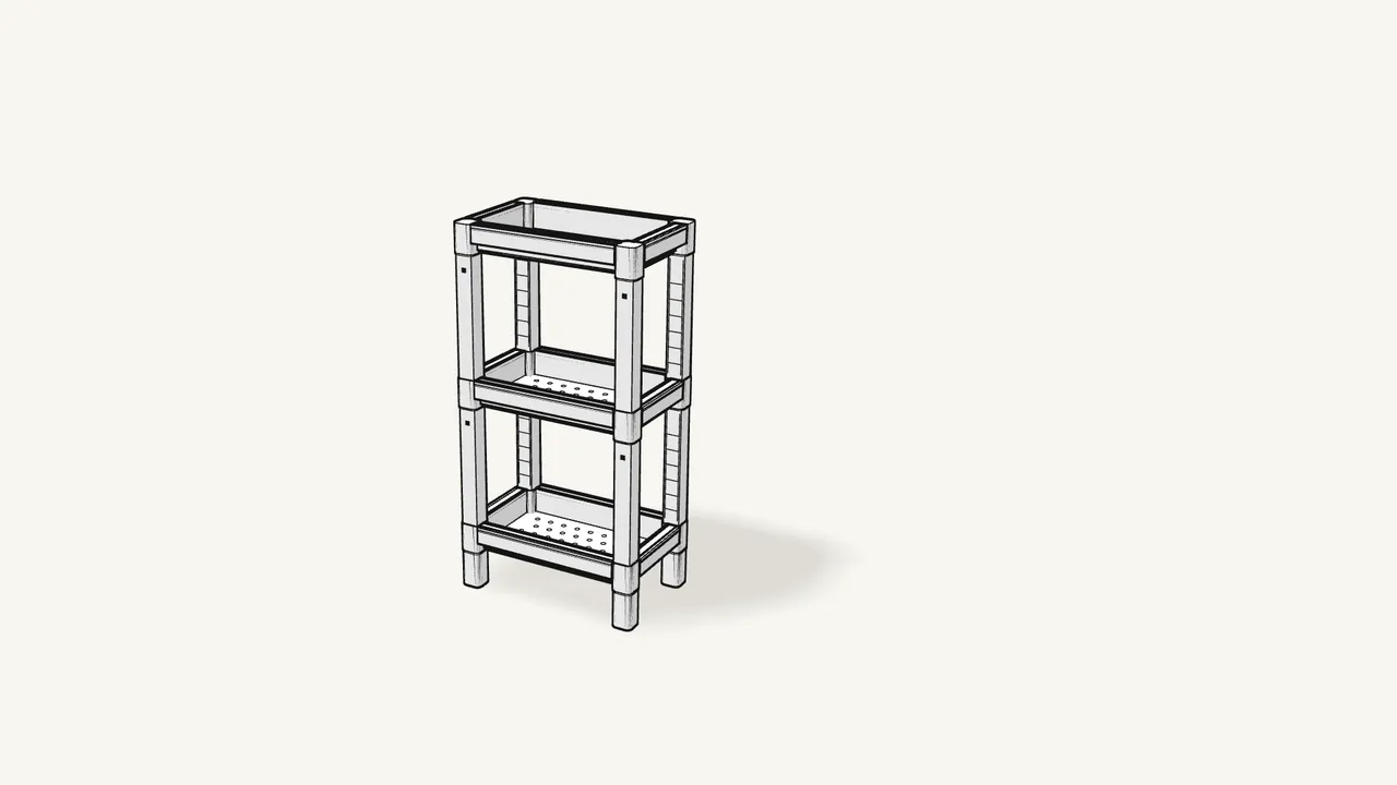 Step 6: Press the third tray down onto the posts. — IKEA VESKEN assembly