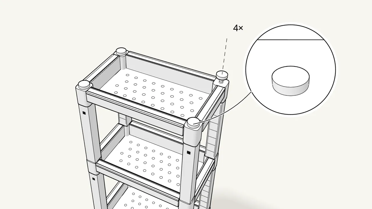 Step 9: Push the 4 end caps into the corners of the top tray. — IKEA VESKEN assembly