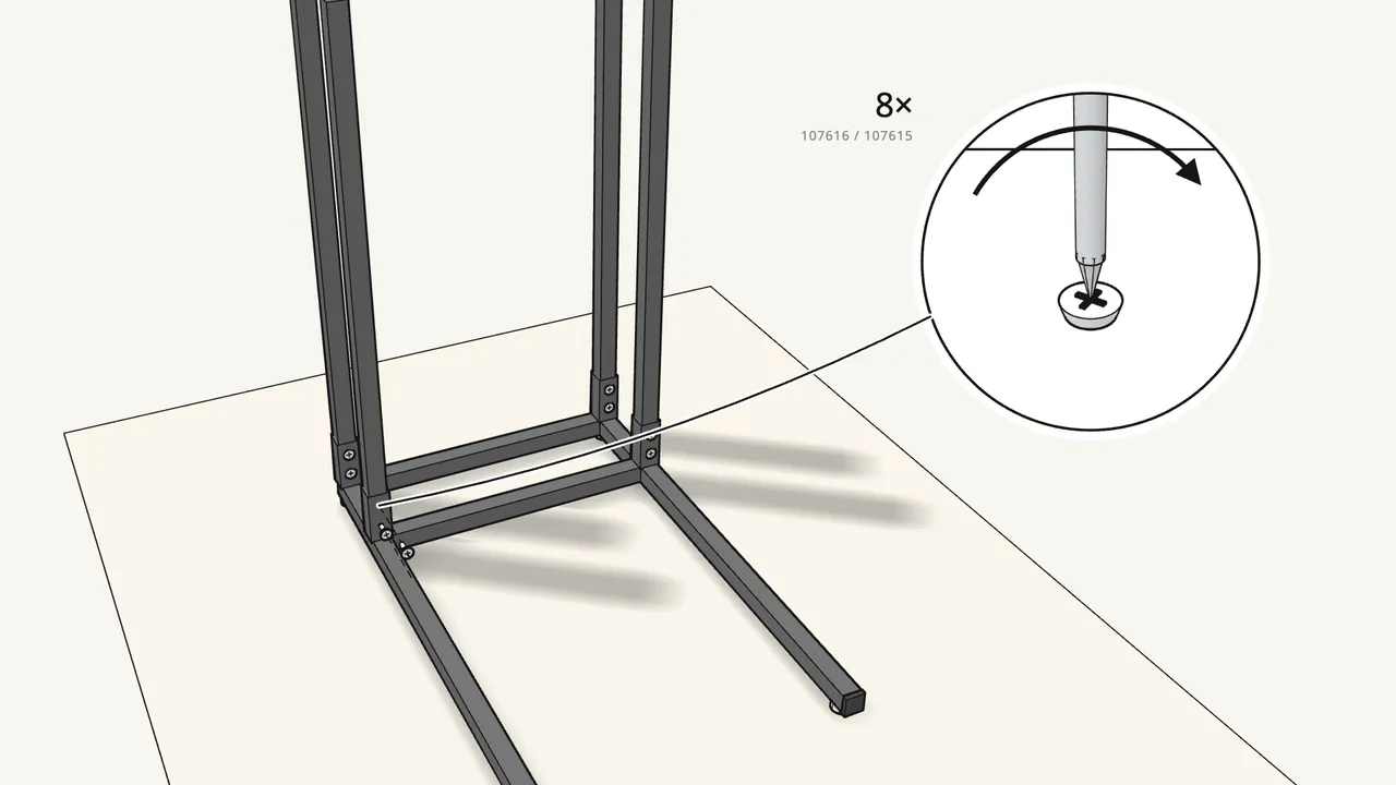 Step 4: Fix each upright with 2 screws (107616). — IKEA VITTSJÖ assembly